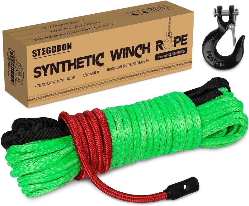 STEGODON 1/4 inch X 50 ft Synthetic Winch Rope Kit,10000 LBS Winch Line Cable with Protective Sleeve+Winch Hook+Safety Pull Strap for Off Road Vehicle ATV UTV（Green） - Image 1